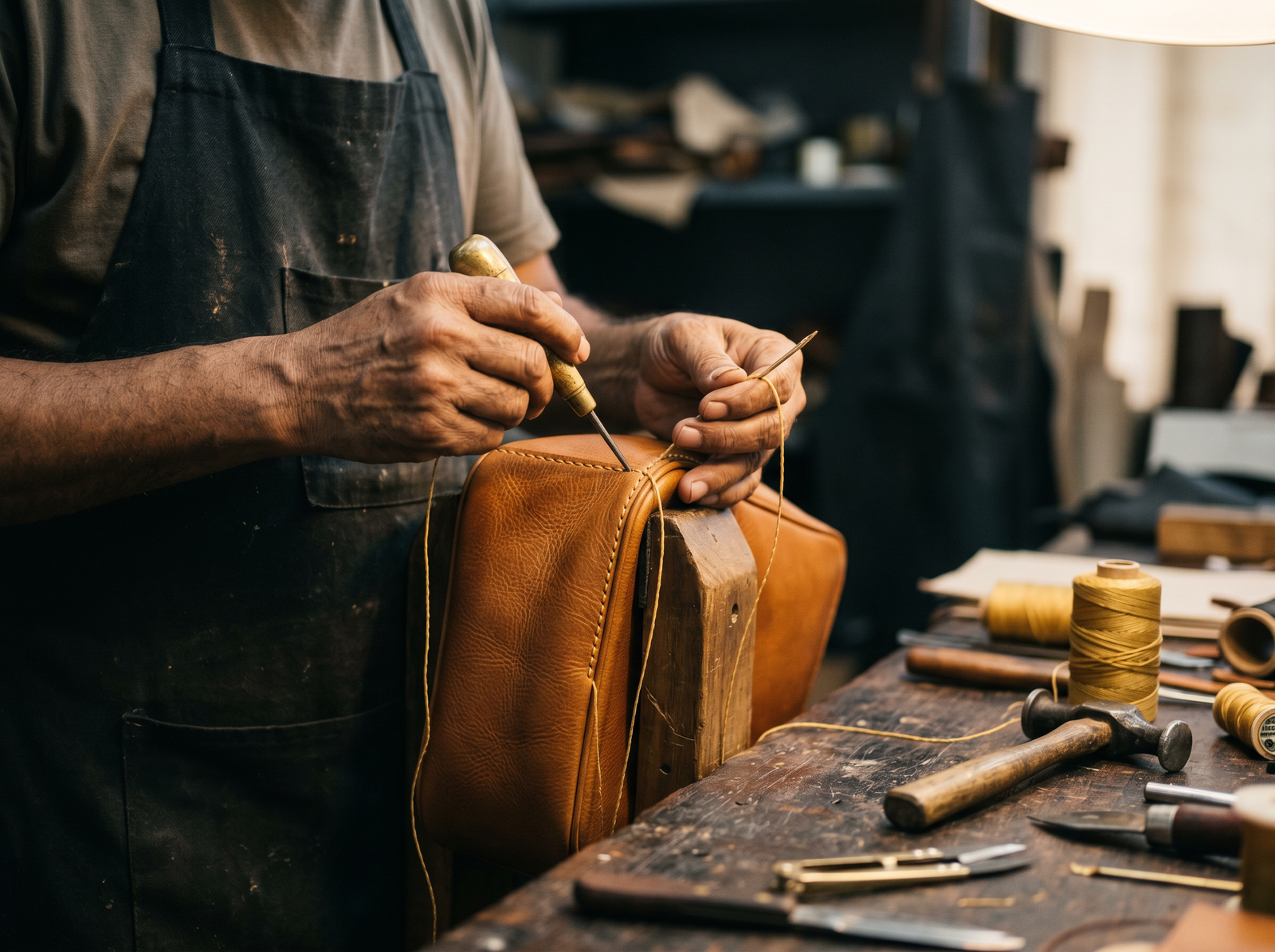 Skilled artisans hand-finishing leather goods at OM Noida atelier