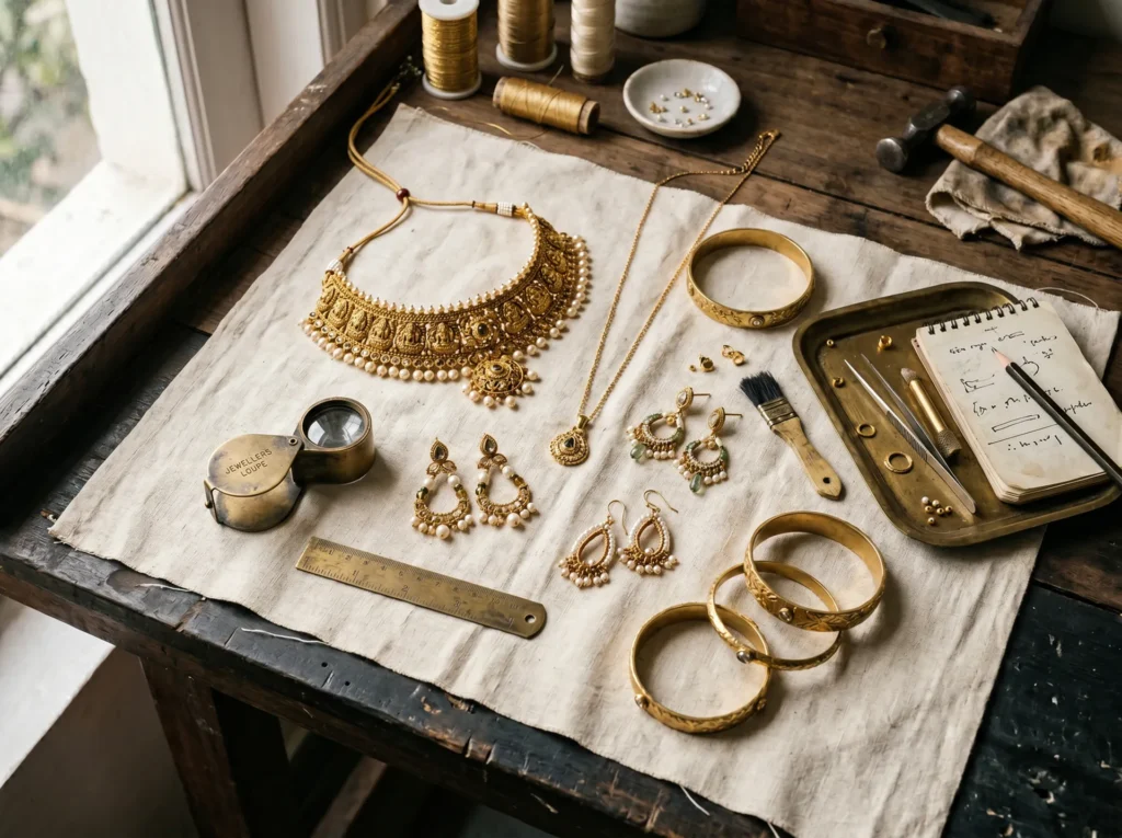 OM atelier jewellery flatlay — fashion jewellery collection, Noida India production facility