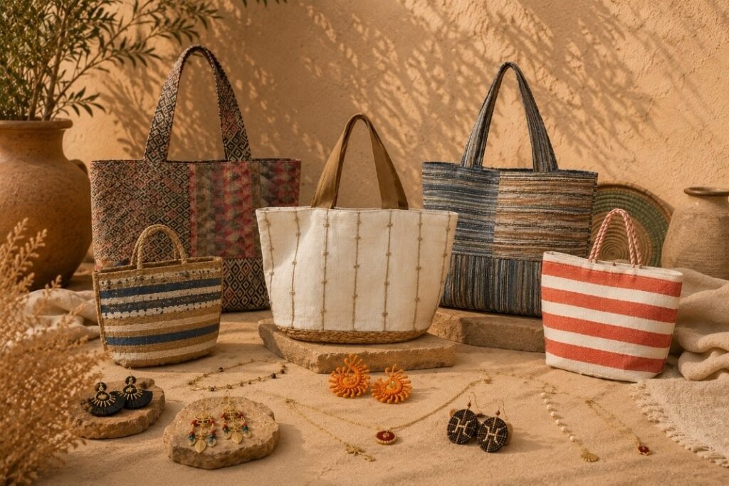 Handcrafted jute tote bags and sustainable summer handbags displayed with matching woven accessories on a rustic sandy background by The OM Enterprises.
